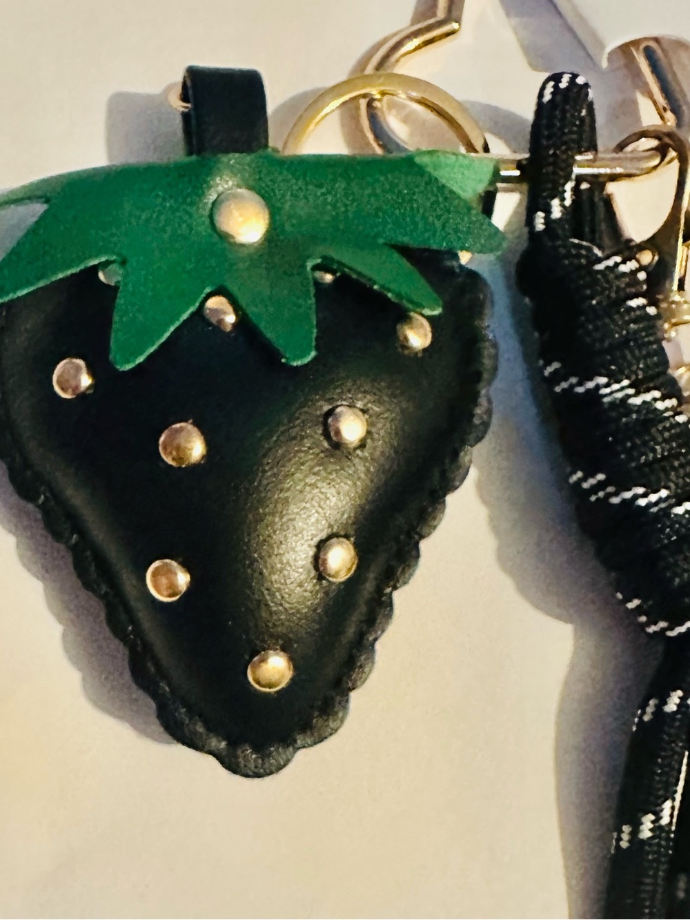 Black Faux Leather Studded Strawberry Bagcharm Keychain Tassel Accessory - Picture 2 of 3
